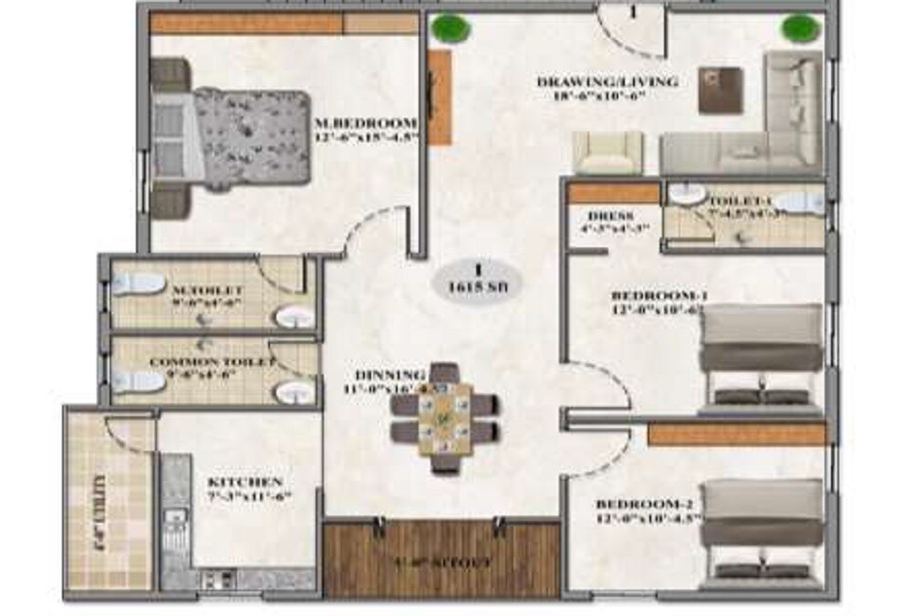 Floor plan of 3 BHK 1615 Sq. Ft. Apartment in Lansum Supreme, Vizag