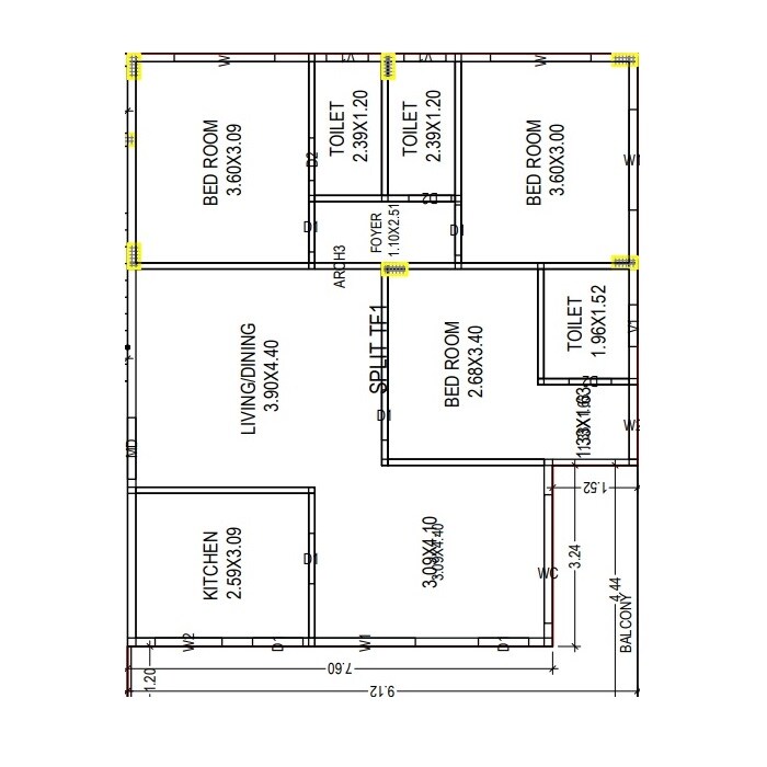 Floor plan of 3 BHK 1549 Sq. Ft. Apartment in Lee Residency, Vizag