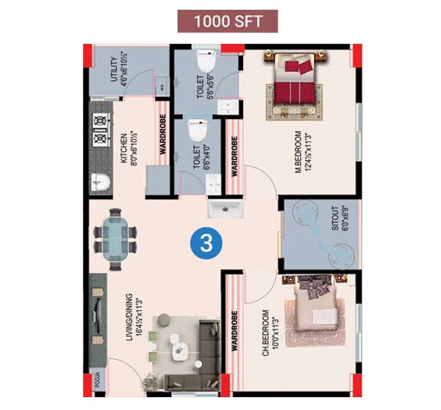 Floor plan of 2 BHK 1000 Sq. Ft. Apartment in Lucky Shanvika Heights, Vizag