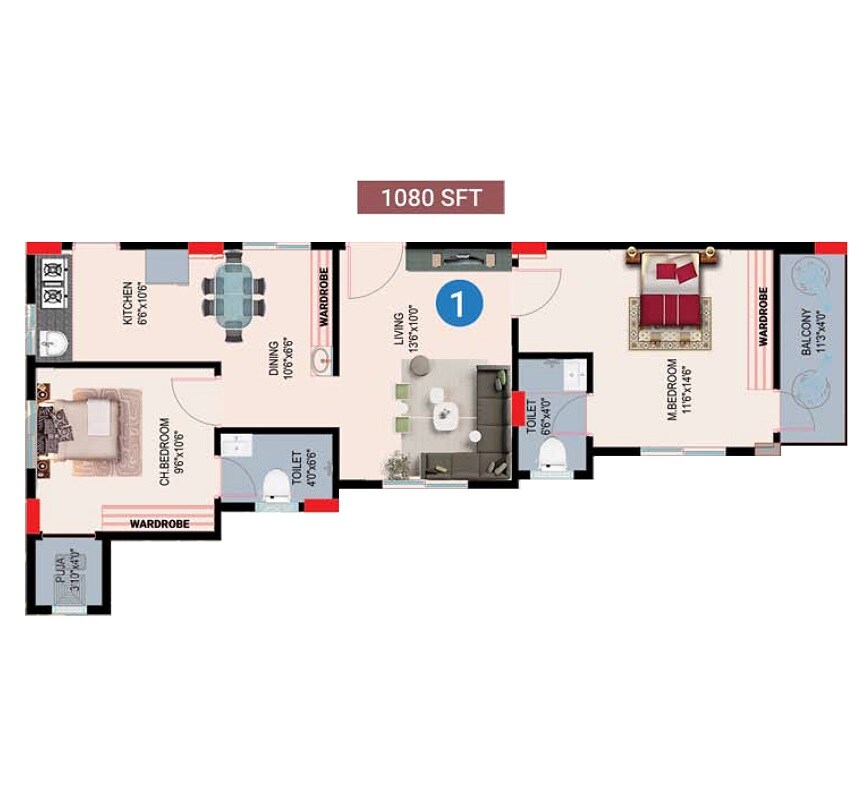 Floor plan of 2 BHK 1080 Sq. Ft. Apartment in Lucky Shanvika Heights, Vizag