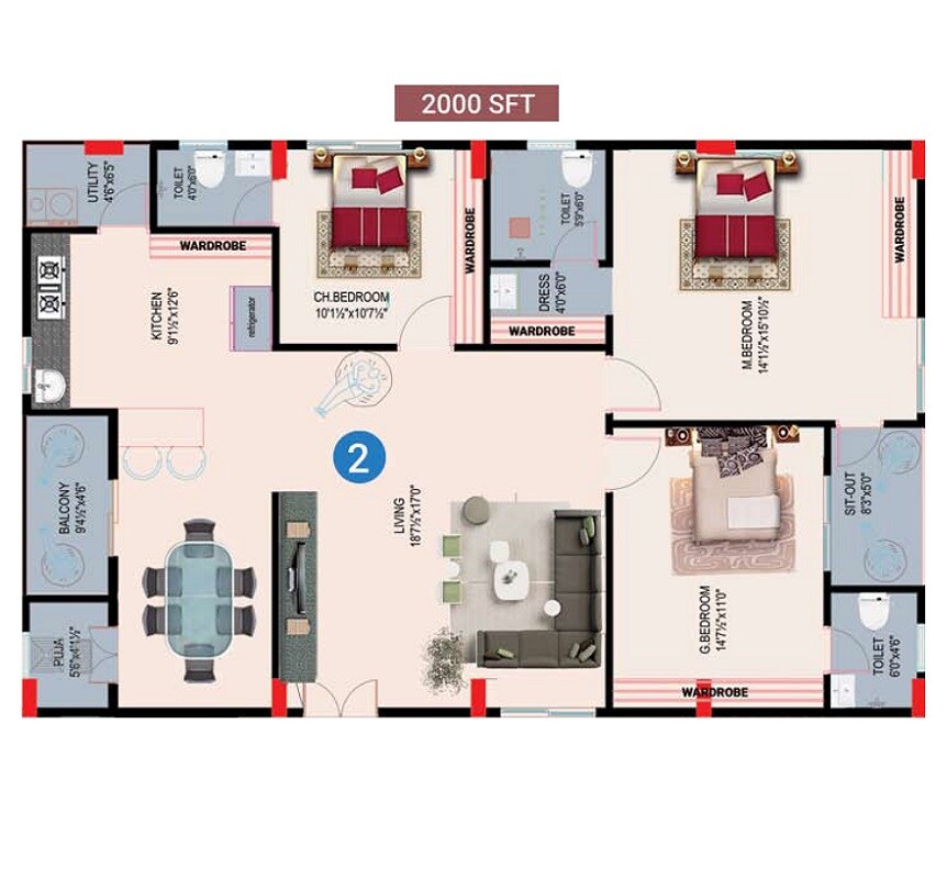 Floor plan of 3 BHK 2000 Sq. Ft. Apartment in Lucky Shanvika Heights, Vizag