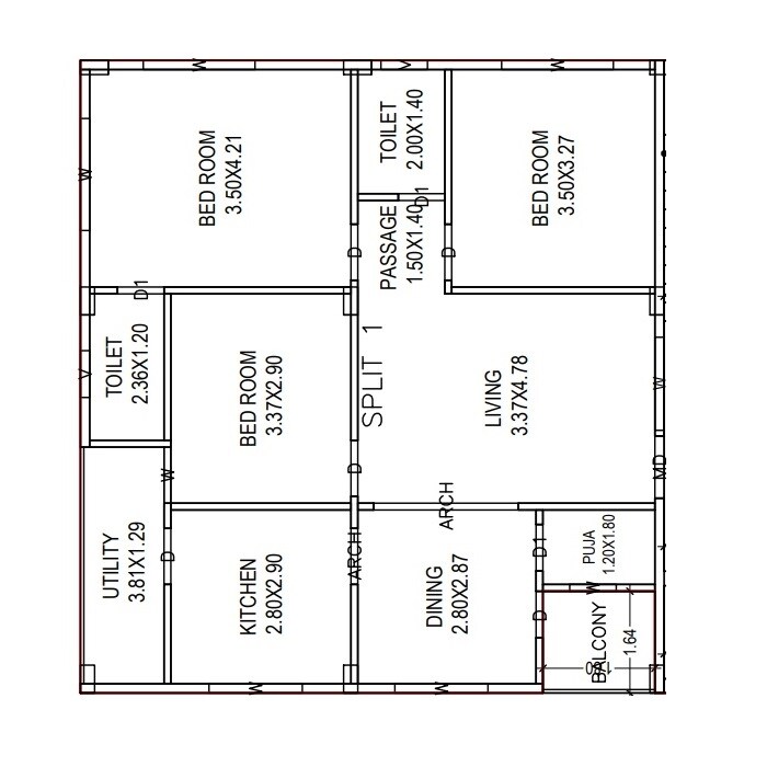 Floor plan of 3 BHK 1256 Sq. Ft. Apartment in Luckys Shree Kalyani, Vizag