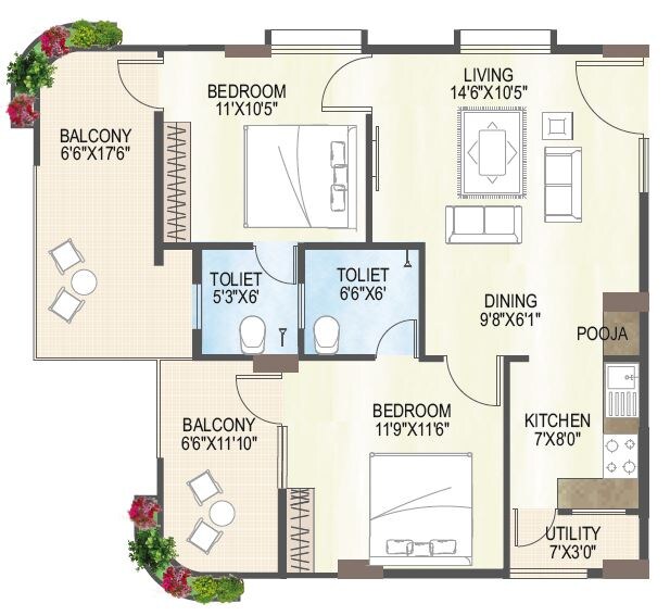 Floor plan of 2 BHK 1377 Sq. Ft. Apartment in M S Ramayya Sri Yaduvamsi Anandadhamam, Vizag