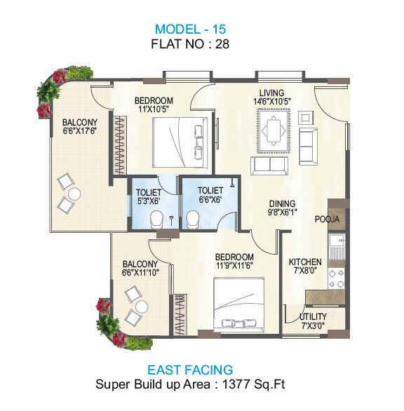 Floor plan of 2 BHK Apartment - 1377 sq. ft. in M S Ramayya Sri Yaduvamsi Anandadhamam, Vizag