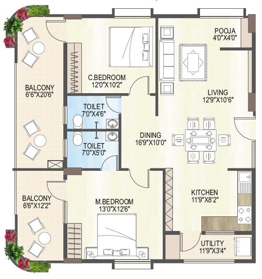Floor plan of 2 BHK 1651 Sq. Ft. Apartment in M S Ramayya Sri Yaduvamsi Anandadhamam, Vizag
