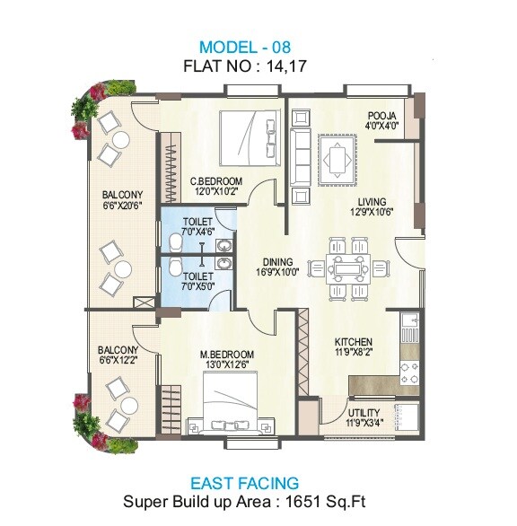 Floor plan of 2 BHK Apartment - 1651 sq. ft. in M S Ramayya Sri Yaduvamsi Anandadhamam, Vizag