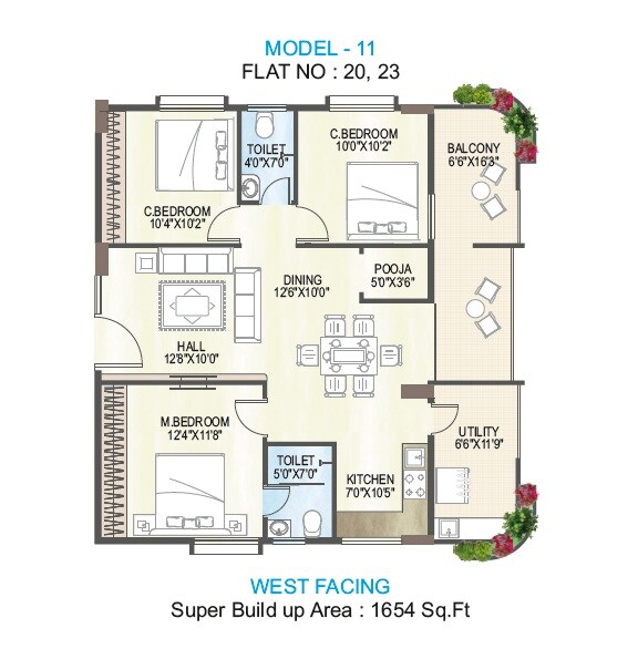 Floor plan of 3 BHK Apartment - 1654 sq. ft. in M S Ramayya Sri Yaduvamsi Anandadhamam, Vizag