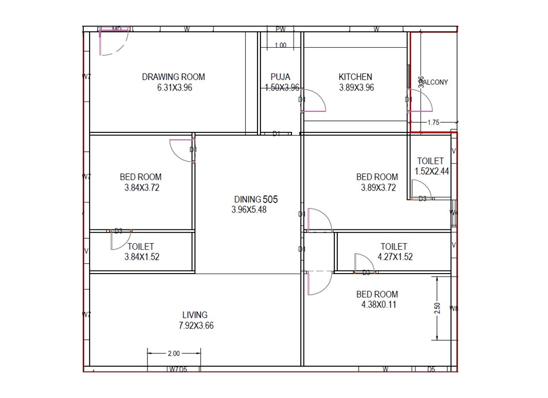 Floor plan of 3 BHK 1987 Sq. Ft. Apartment in Map The Light House, Vizag