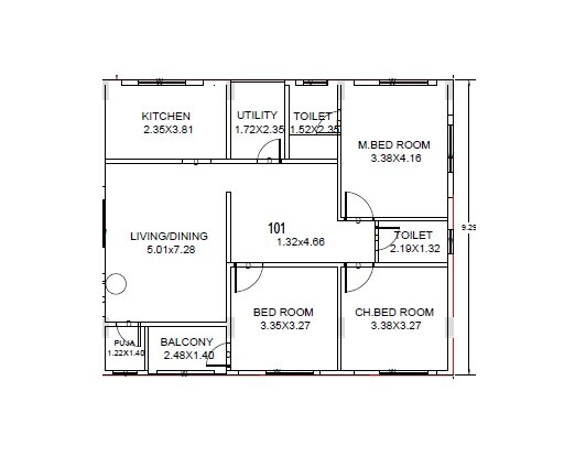 Floor plan of 3 BHK Apartment - 934 sq. ft. in Marvel Rock, Vizag