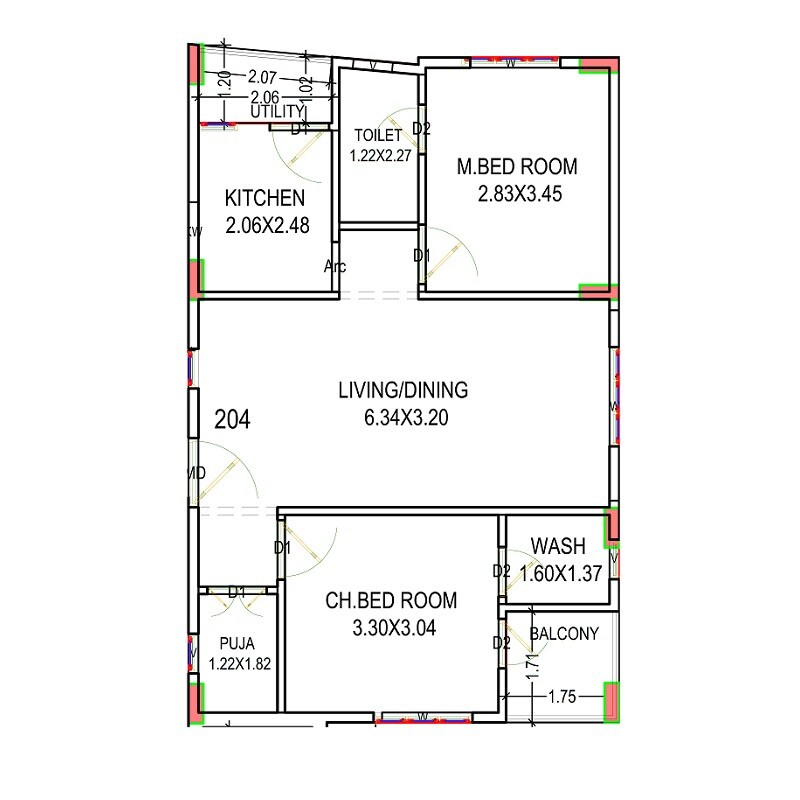 Floor plan of 2 BHK 1030 Sq. Ft. Apartment in Mathru Shiva Ganga Grand, Vizag