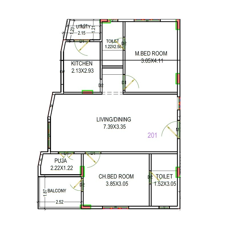 Floor plan of 2 BHK 1170 Sq. Ft. Apartment in Mathru Shiva Ganga Grand, Vizag