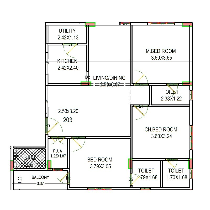 Floor plan of 3 BHK 1400 Sq. Ft. Apartment in Mathru Shiva Ganga Grand, Vizag