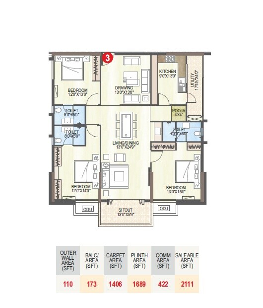 Floor plan of 3 BHK Apartment - 2111 sq. ft. in Meghana Royal Towers, Vizag