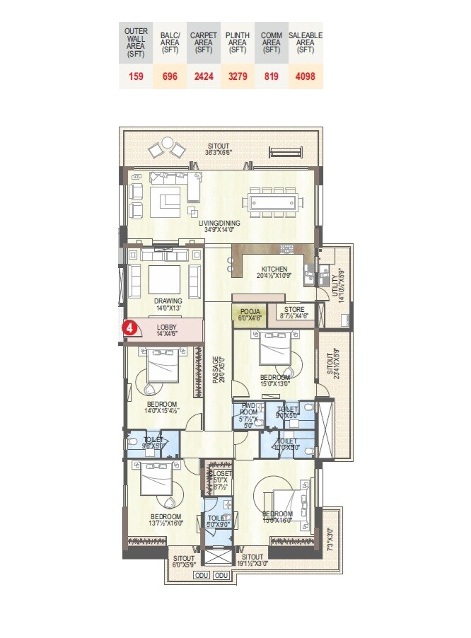 Floor plan of 3 BHK Apartment - 4098 sq. ft. in Meghana Royal Towers, Vizag