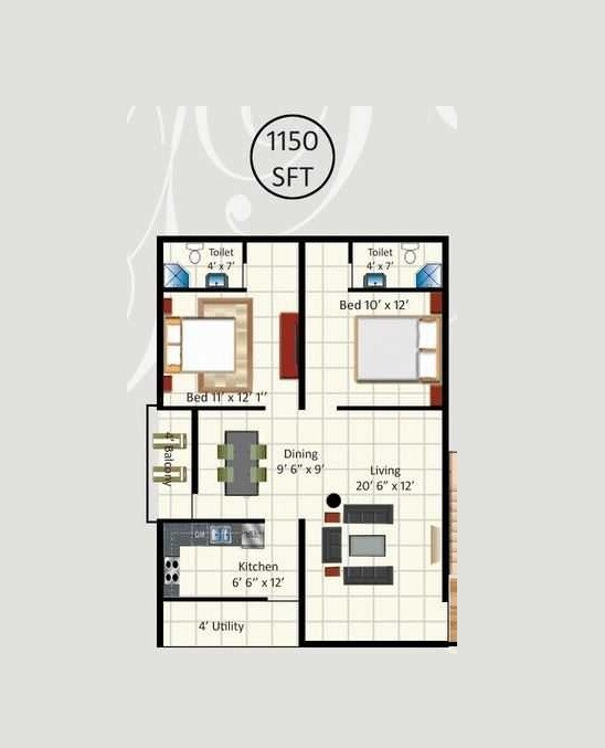 Floor plan of 2 BHK Apartment - 1150 sq. ft. in Midhun and Jai G R Bhavanam, Vizag