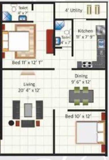 Floor plan of 2 BHK 1150 Sq. Ft. Apartment in Midhun and Jai G R Bhavanam, Vizag