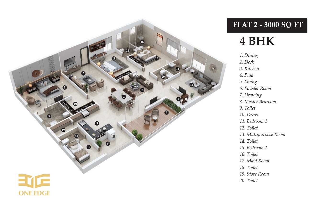 Floor plan of 4 BHK 3000 Sq. Ft. Apartment in Mihika One Edge, Vizag