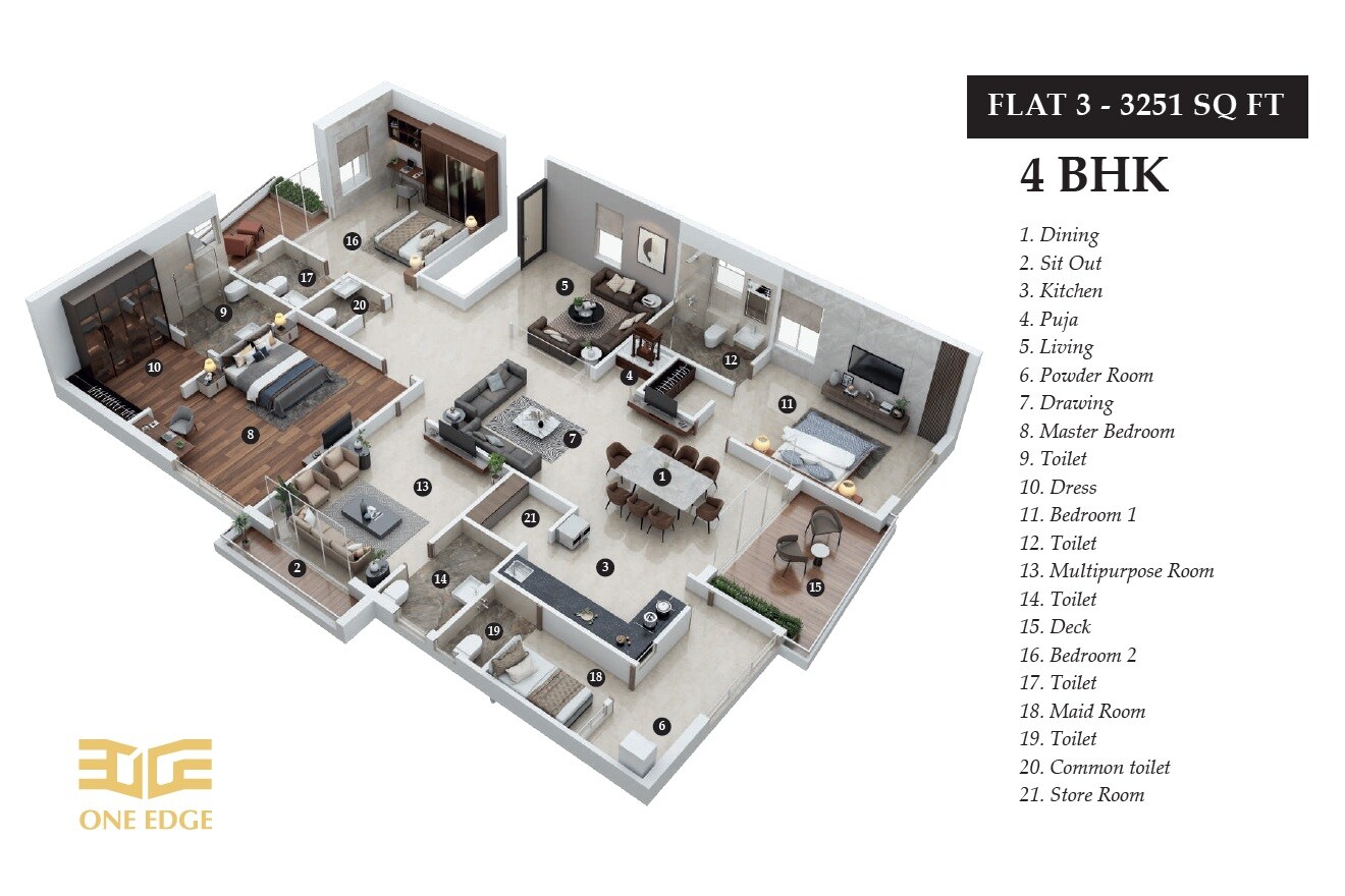 Floor plan of 4 BHK 3251 Sq. Ft. Apartment in Mihika One Edge, Vizag