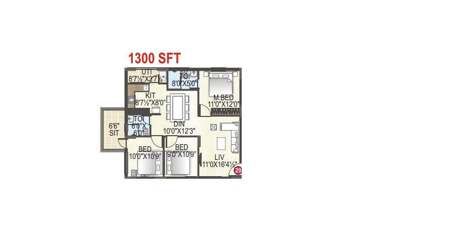 3 BHK 1300 Sq. Ft. Apartment
