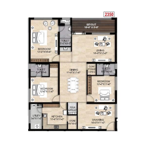 Floor plan of 3 BHK 2350 Sq. Ft. Apartment in MK One, Vizag