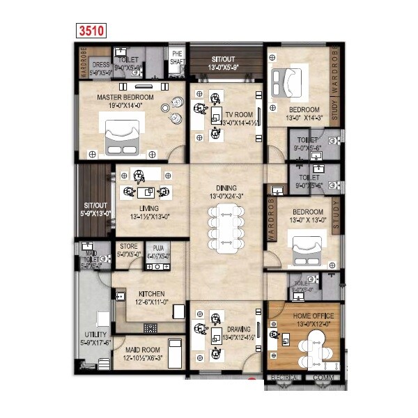 Floor plan of 3 BHK 3510 Sq. Ft. Apartment in MK One, Vizag