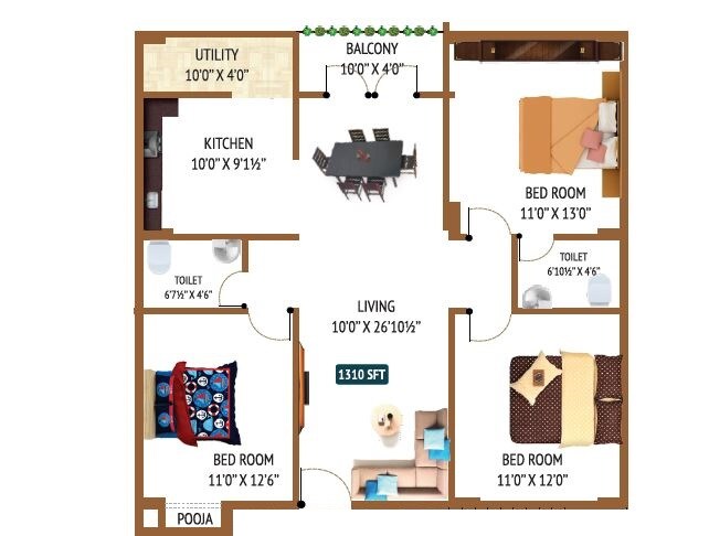 Floor plan of 3 BHK 1310 Sq. Ft. Apartment in MRM Mukunda Manor, Vizag