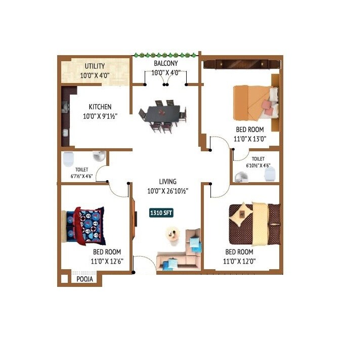 Floor plan of 3 BHK Apartment - 1310 sq. ft. in MRM Mukunda Manor, Vizag