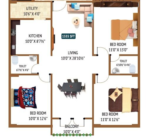 Floor plan of 3 BHK 1335 Sq. Ft. Apartment in MRM Mukunda Manor, Vizag