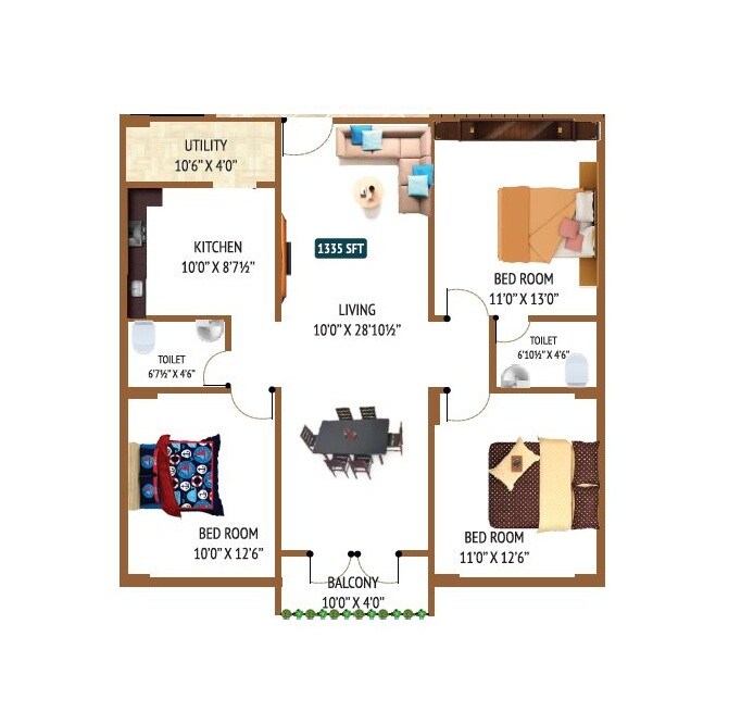 Floor plan of 3 BHK Apartment - 1335 sq. ft. in MRM Mukunda Manor, Vizag