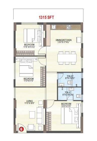 Floor plan of 3 BHK 1315 Sq. Ft. Apartment in MVV City, Vizag