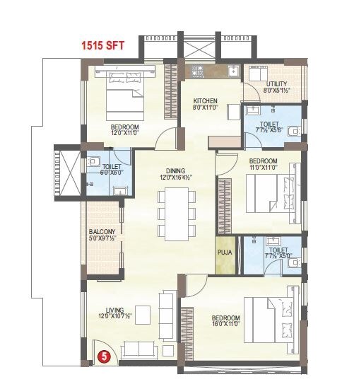 Floor plan of 3 BHK 1515 Sq. Ft. Apartment in MVV City, Vizag