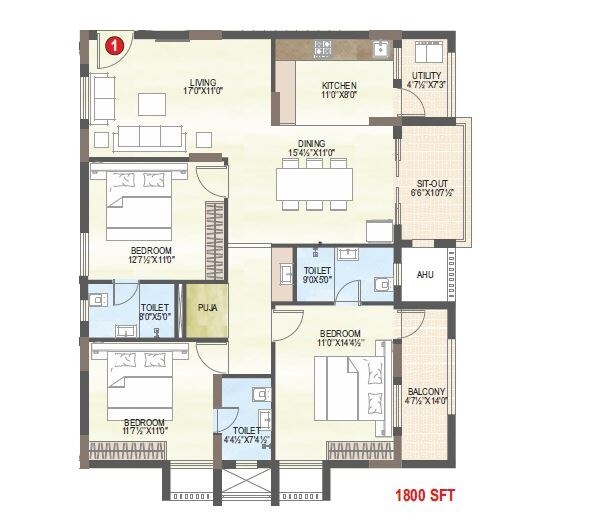 Floor plan of 3 BHK 1800 Sq. Ft. Apartment in MVV City, Vizag