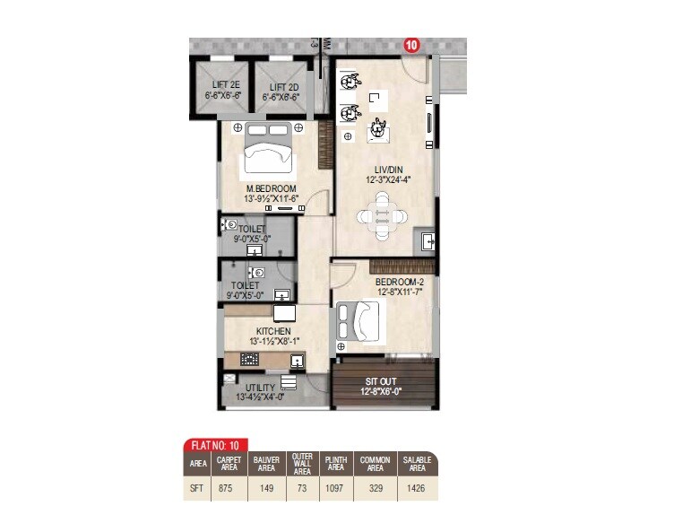Floor plan of 2 BHK Apartment - 1426 sq. ft. in MVV GV The Grand, Vizag