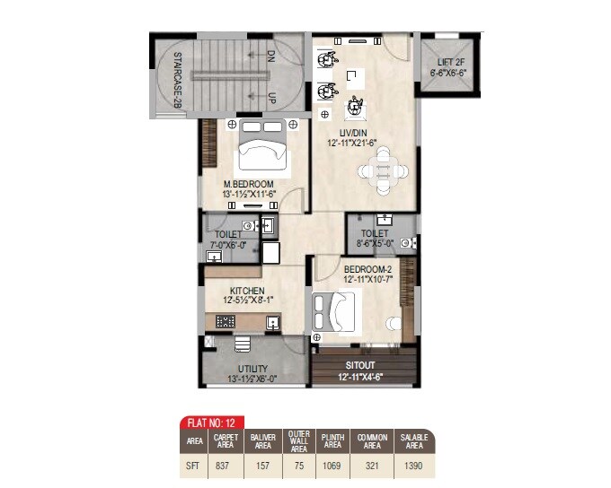 Floor plan of 2 BHK 1390 Sq. Ft. Apartment in MVV GV The Grand, Vizag