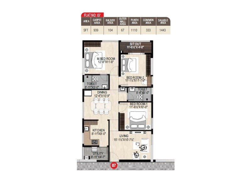 Floor plan of 3 BHK Apartment - 1443 sq. ft. in MVV GV The Grand, Vizag
