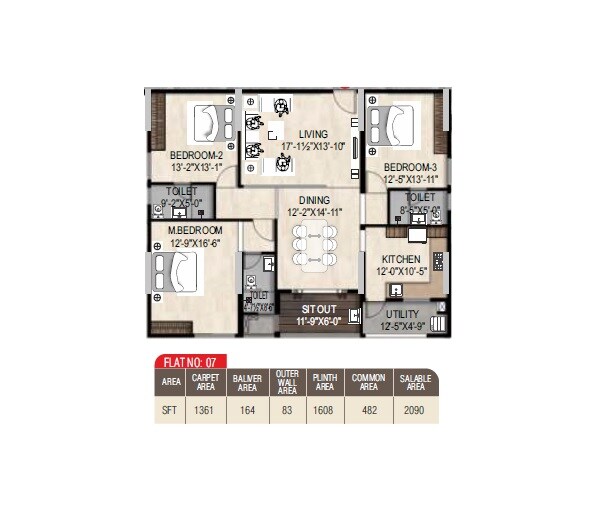 Floor plan of 3 BHK 2090 Sq. Ft. Apartment in MVV GV The Grand, Vizag