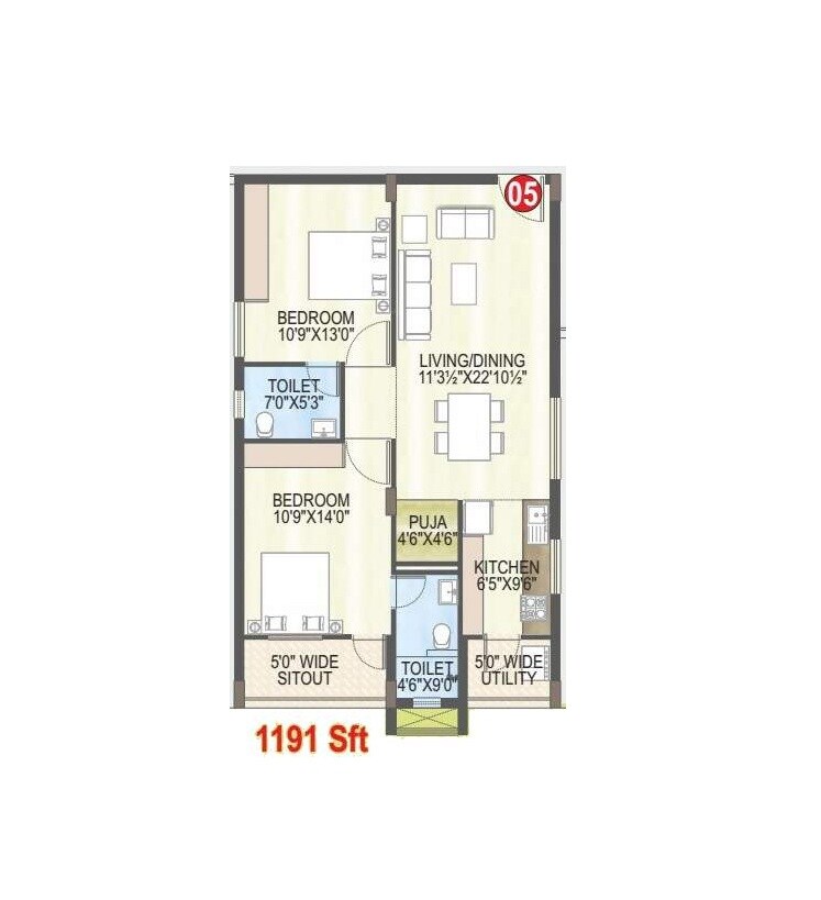 Floor plan of 2 BHK Apartment - 1191 sq. ft. in MVV Pallavi, Vizag