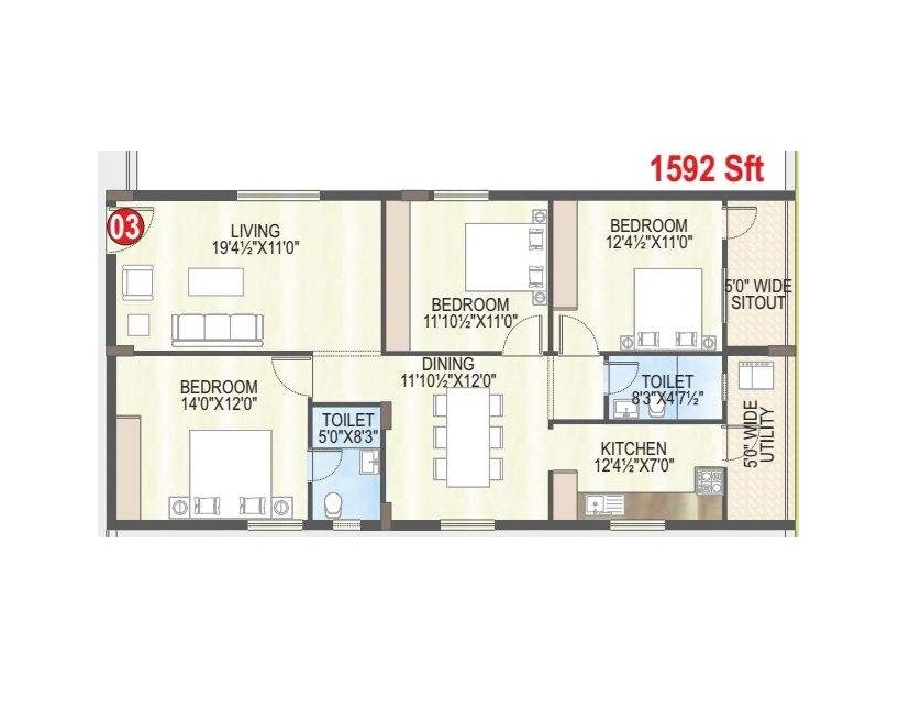 3 BHK 1592 Sq. Ft. Apartment