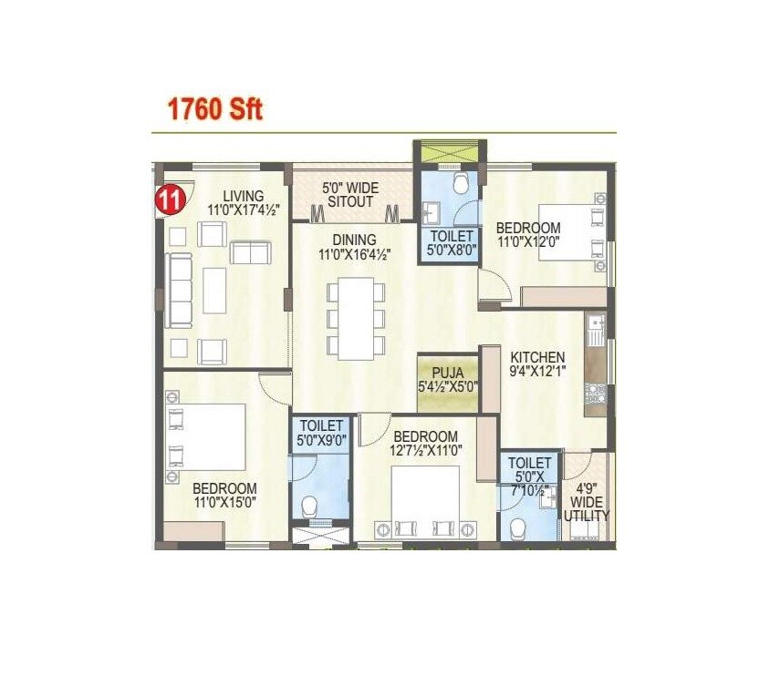 Floor plan of 3 BHK Apartment - 1760 sq. ft. in MVV Pallavi, Vizag