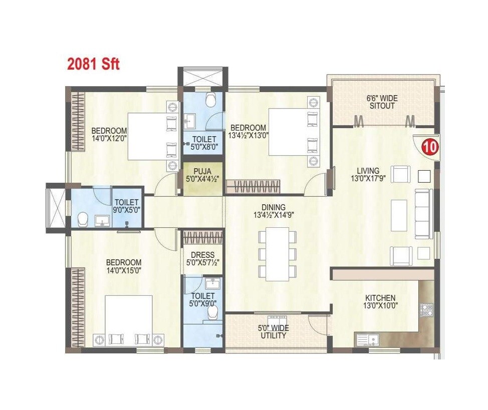 Floor plan of 3 BHK Apartment - 2081 sq. ft. in MVV Pallavi, Vizag