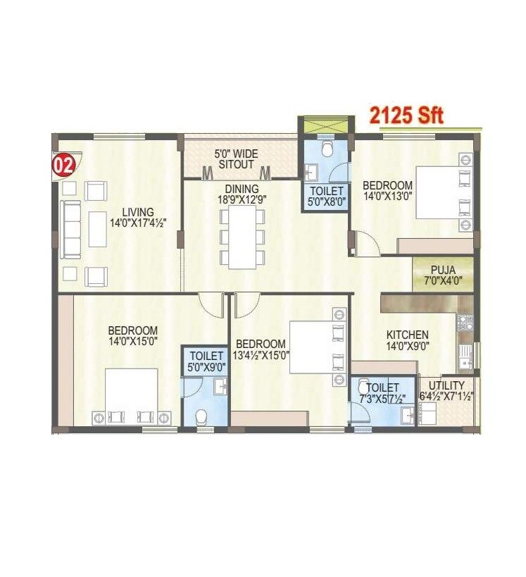 Floor plan of 3 BHK Apartment - 2125 sq. ft. in MVV Pallavi, Vizag