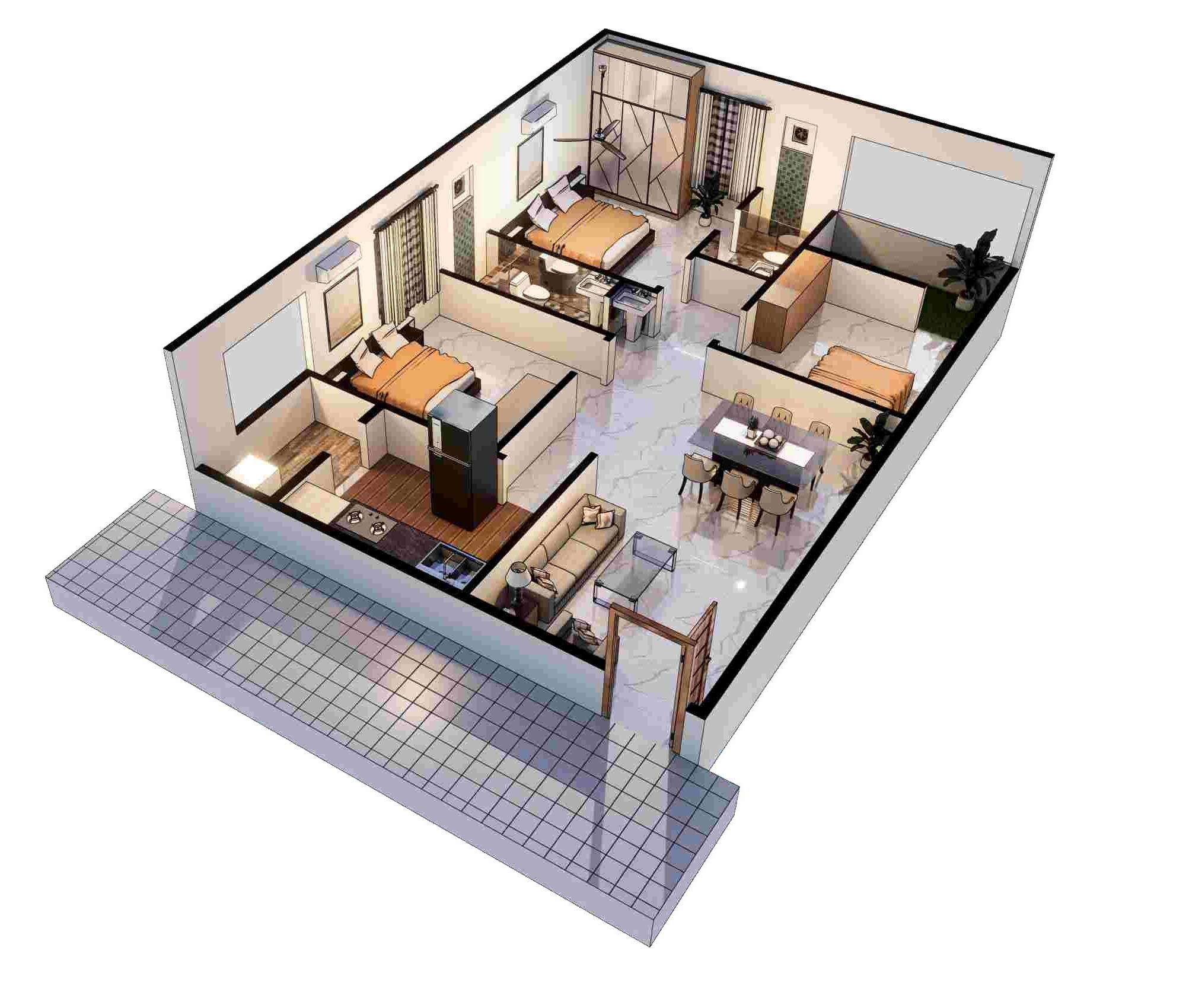 Floor plan of 3 BHK 1400 Sq. Ft. Apartment in MVV Srinivasa Nilayam, Vizag