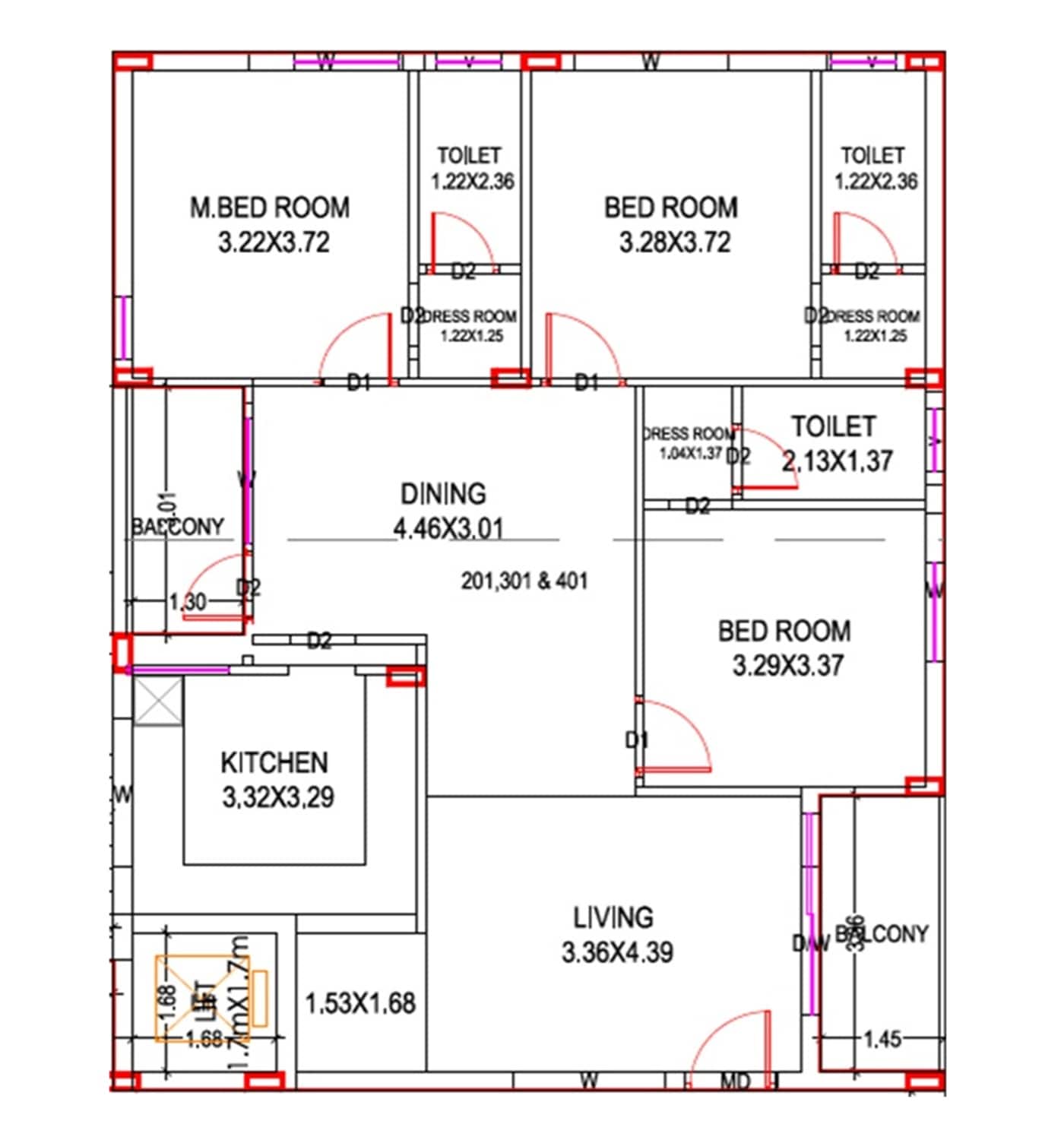 Floor plan of 3 BHK 1715 Sq. Ft. Apartment in Nanesh Brundavanam, Vizag