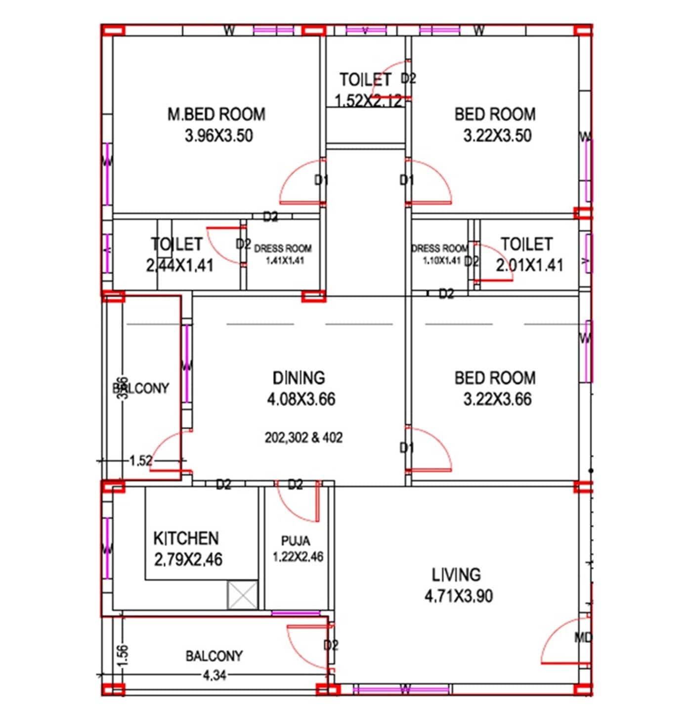 Floor plan of 3 BHK 1740 Sq. Ft. Apartment in Nanesh Brundavanam, Vizag