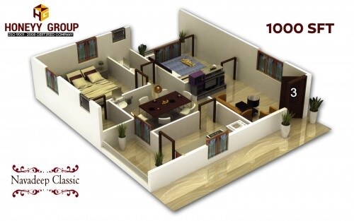 Floor plan of 2 BHK 1000 Sq. Ft. Apartment in Navadeep Classic, Vizag
