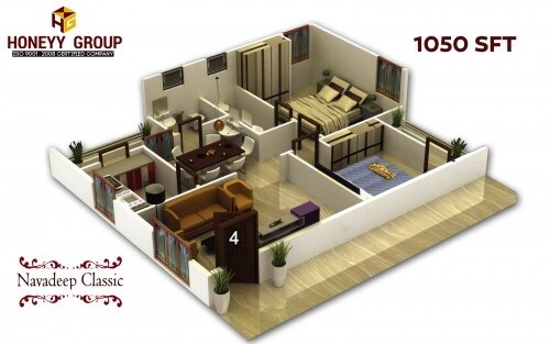 Floor plan of 2 BHK 1050 Sq. Ft. Apartment in Navadeep Classic, Vizag