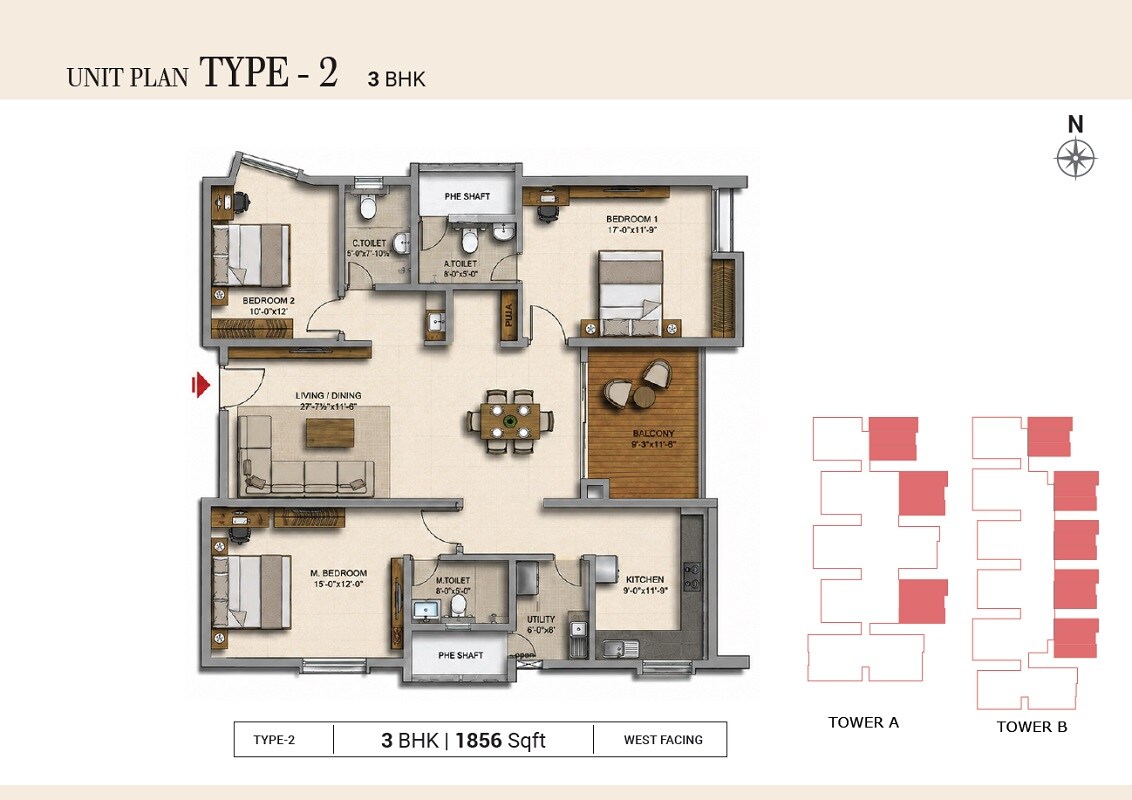 Floor plan of 3 BHK 1856 Sq. Ft. Apartment in Northstar Golden Valley, Vizag