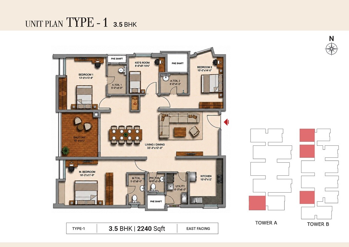Floor plan of 3 BHK 2240 Sq. Ft. Apartment in Northstar Golden Valley, Vizag