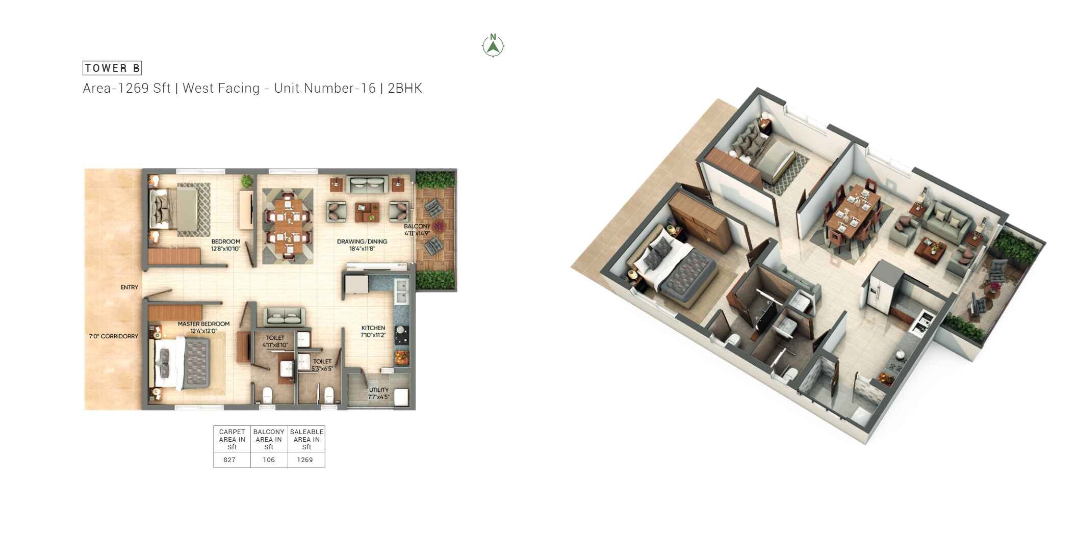 Floor plan of 2 BHK Apartment - 1269 sq. ft. in Northstar Park Avenue, Vizag