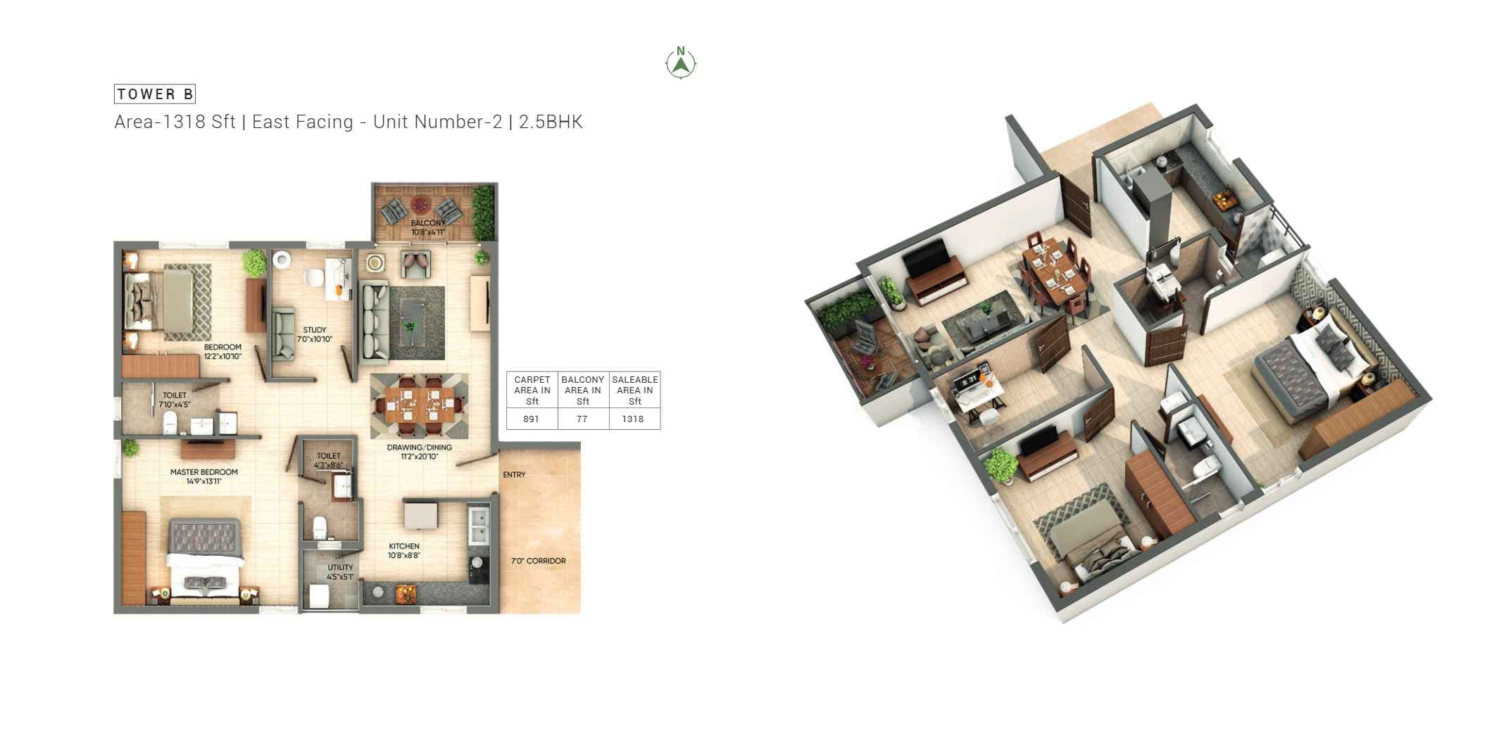Floor plan of 2 BHK Apartment - 1318 sq. ft. in Northstar Park Avenue, Vizag